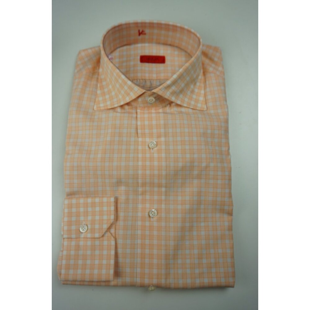Isaia Napoli Apricot Orange White Plaid Long Sleeve Cotton Shirt 15.5/39 NEW